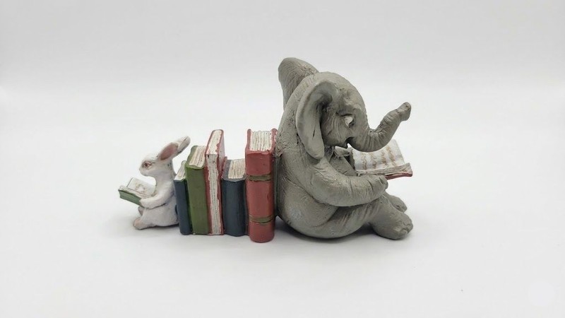 Elephant and Bunny Rabbit Reading Miniature Resin 4" Figurine gallery