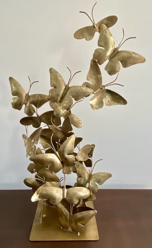 Large Metal 3D BUTTERFLIES IN FLIGHT Tabletop Sculpture W/ Distressed Gold/Brass gallery