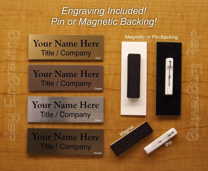 Custom Engraved 1×3 Name Tag with Magnet or Pin / Gold Silver Copper or Bronze