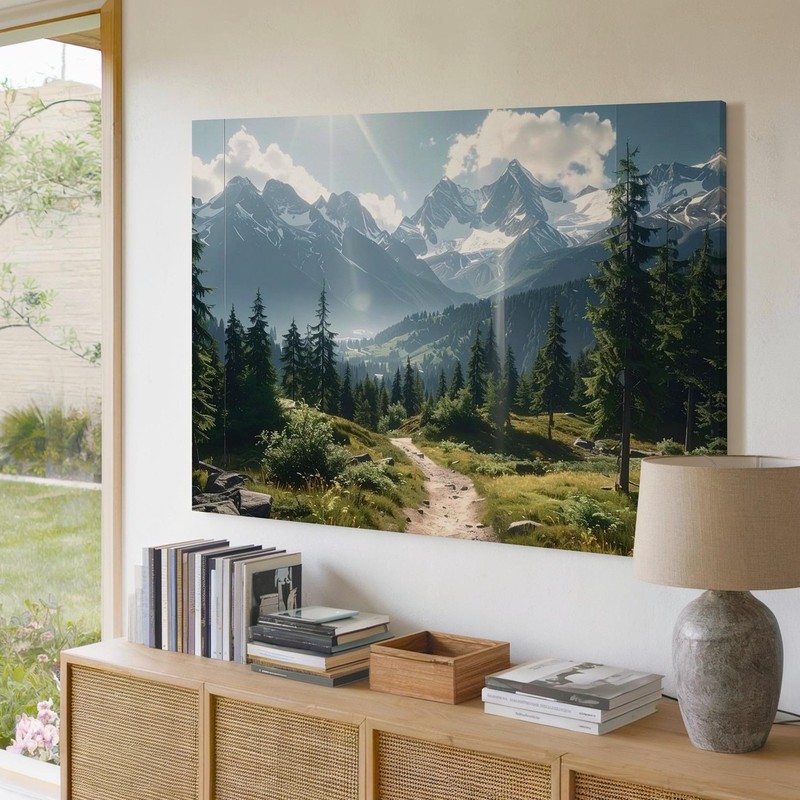 Sunlit Mountain Trail Canvas Realistic Pine Valley & Snow-Capped Peaks Wall Art gallery
