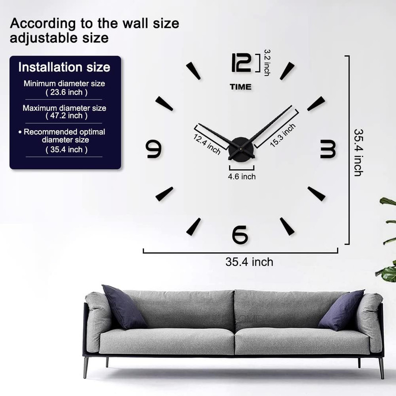 Large DIY Wall Clock Kit 3D Frameless Mirror Stickers Modern Home Office Decor G gallery