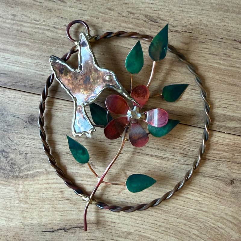 Vintage Mixed Metal Hummingbird Flower Wall Hanging Copper Brass Art Sculpture