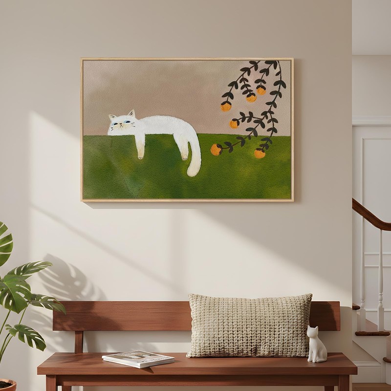 Framed Neutral and Green Wall Art for Bedroom Decor, Large Cozy Cat Canvas Pa... gallery