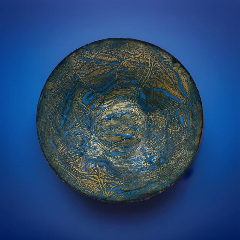 Enamel Over Copper Bowl 8” Abstract Blue Gold Studio Art Mid Century Modern
