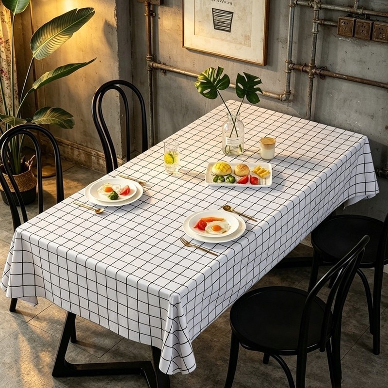Modern Minimalist Tablecloth Waterproof PVC Black Grid Pattern on White gallery