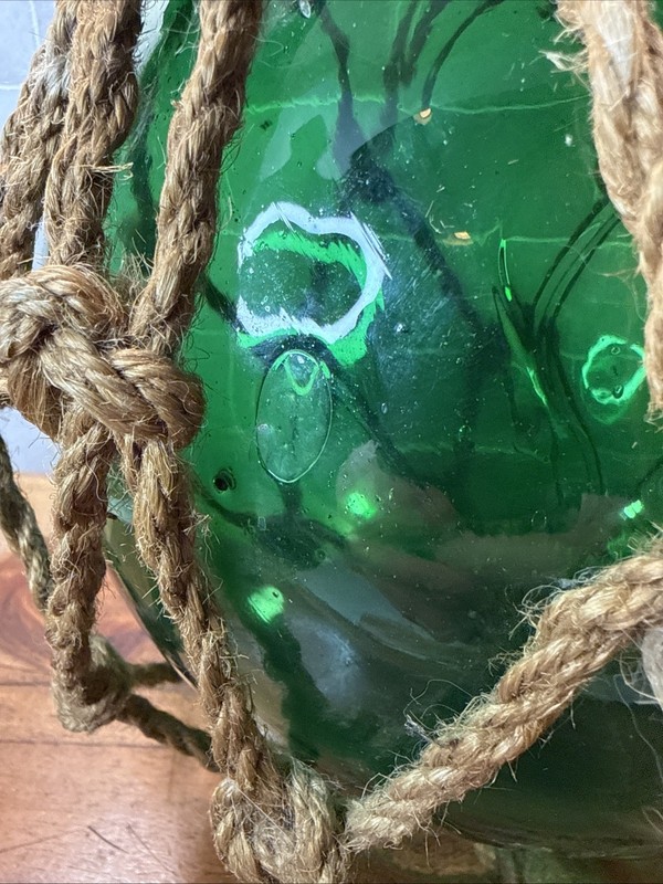 Vintage Large 9” Green Glass Fishing Float Buoy Nautical Decor Hand Blown gallery