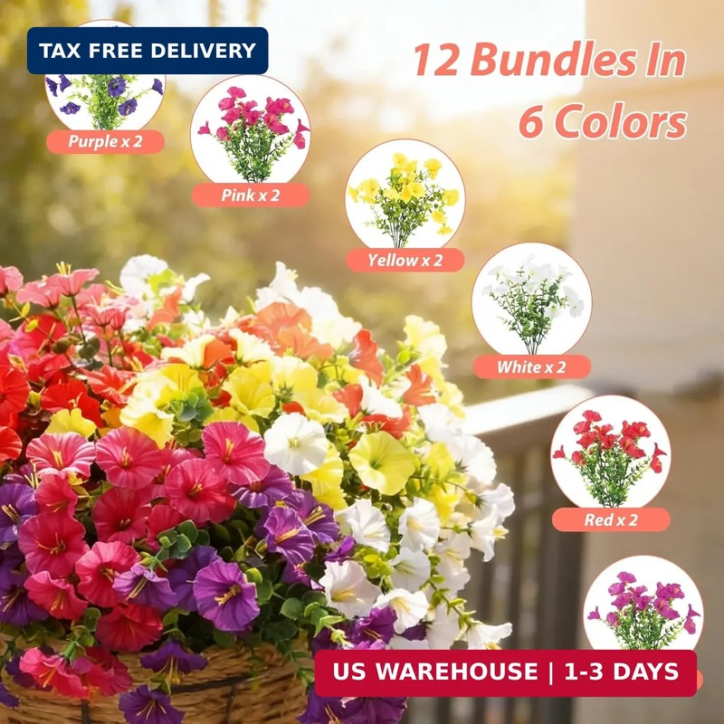 BSGlobal 12 Bundles Artificial Flowers for Outdoors Decoration, Faux Silk Mornin gallery