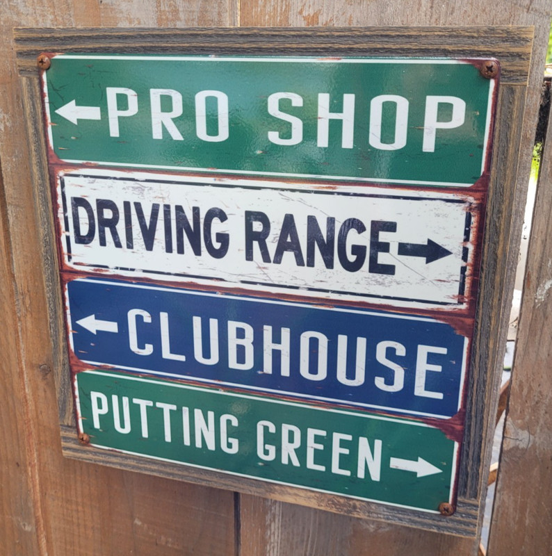 Vintage Style Golf Course Directions Steel Sign Reclaimed Wood Frame