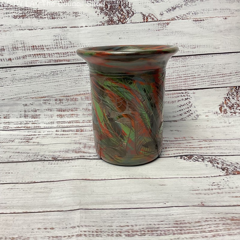 Red Green Black Hand Carved Bird Flower Clay Vase 5″x5″x6″