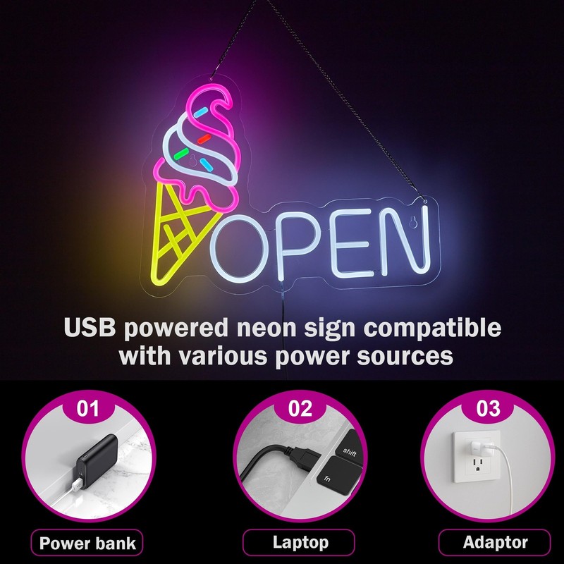 Ice Cream Open Neon Sign for Wall Décor Dimmable Business Store Drink Shop gallery