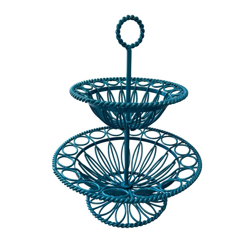 Teal Blue 2 Tier Metal Wire Fruit Basket Serving Stand Twisted Rope 18in
