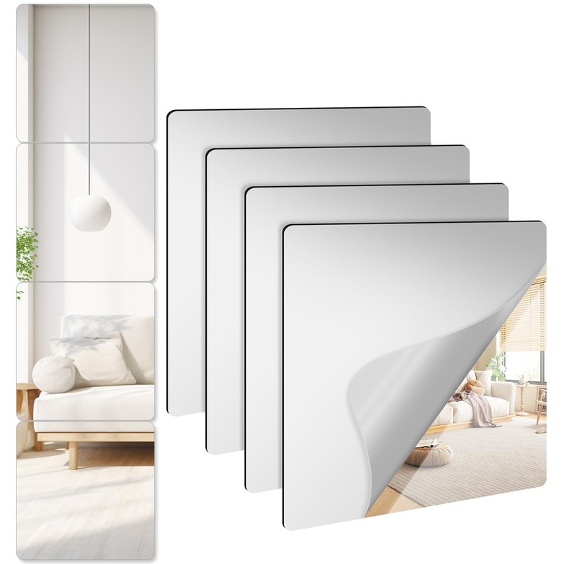 4 Pack Adhesive Acrylic Mirror, 8 x 8 Inch Frameless Shatterproof Stick on Mi...