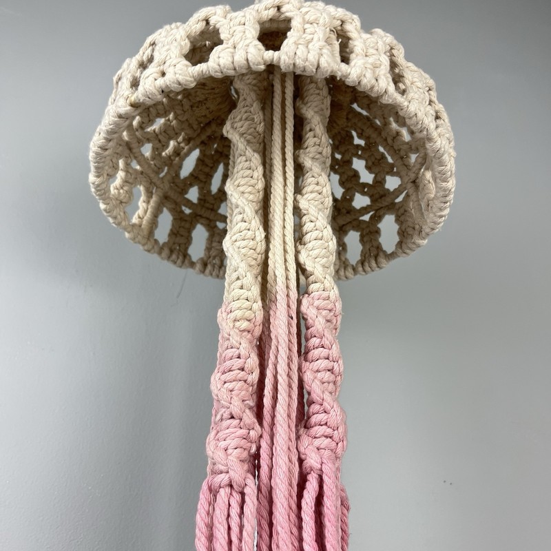 Hanging Macrame Jellyfish Pink Cream Fiber Art Boho Decor Ocean Sea Life 40" gallery