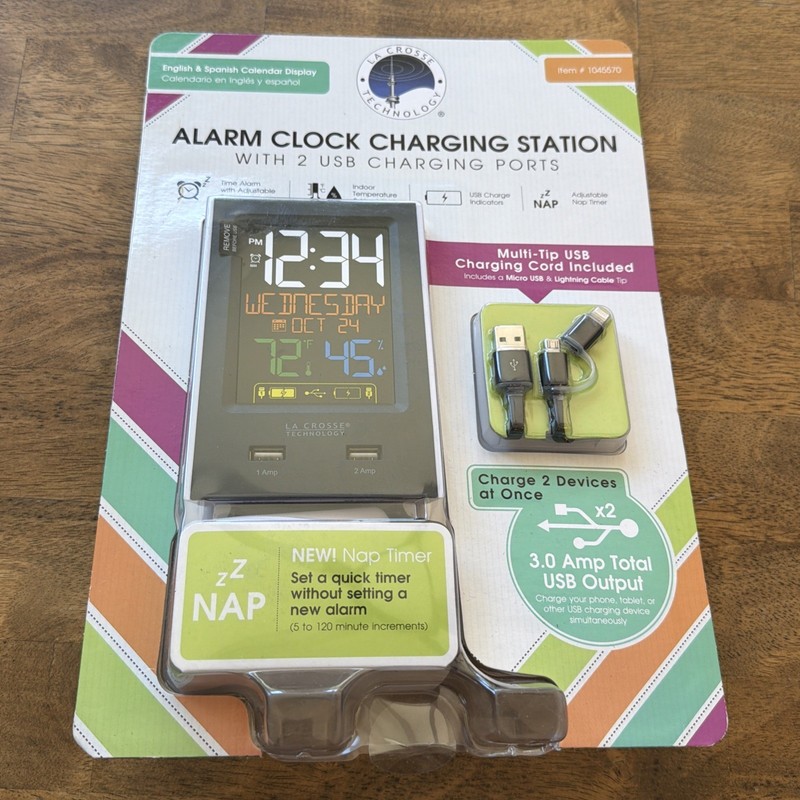 New! La Crosse Technology Alarm Clock Charging Station With 2 USB Charging Ports