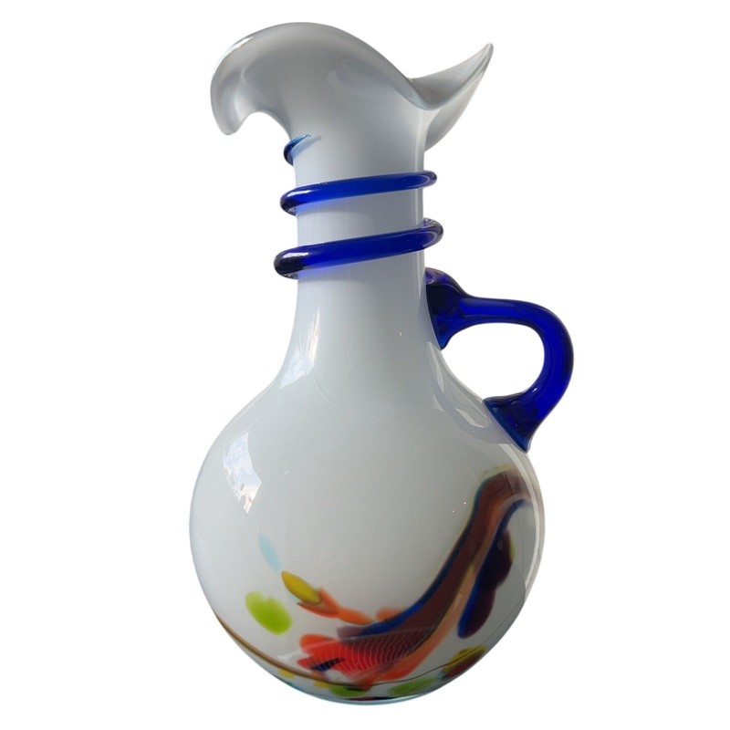 MCM Murano Art Glass Ruffled Top Vase w applied cobalt blue roping and handle gallery