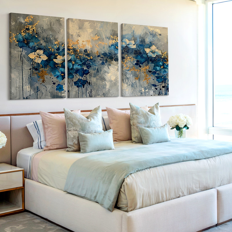3 Pieces Abstract Blue Gold Floral Large Wall Art Set for Bedroom Set Of 3