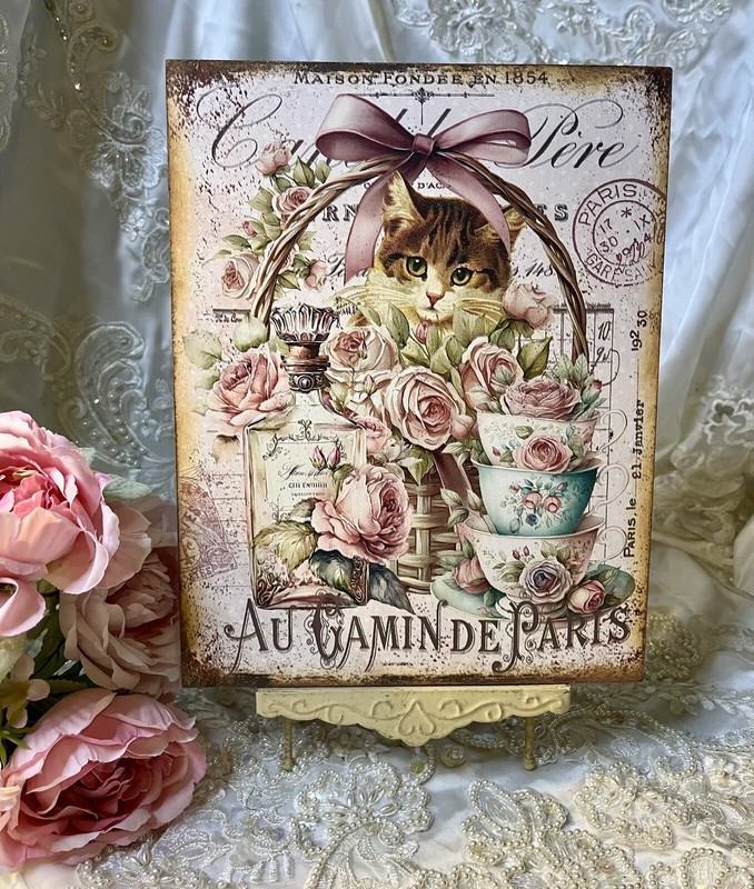 Paris Cat Roses Perfume Teacups French Shabby Chic Handcrafted Plaque Sign