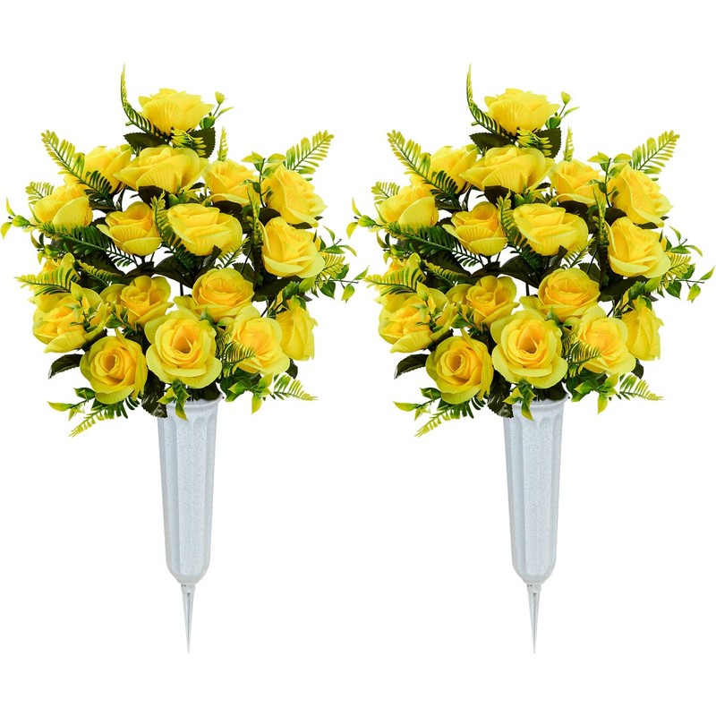 XONOR Artificial Cemetery Flowers with Vase, Set 18x5x5 inches, Yellow-2pcs