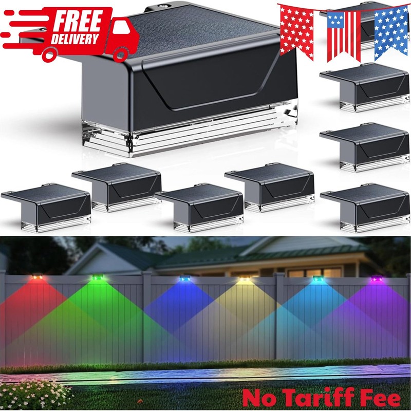 8PK Solar Fence Lights Outdoor – Warm White & RGB 6 Color, Dusk to Dawn Deck