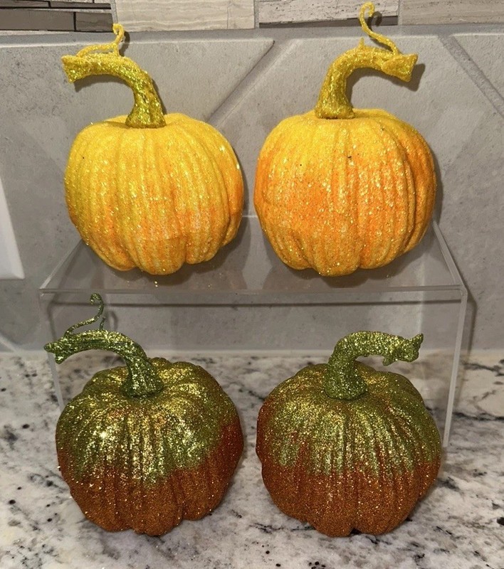 SET OF 4 FALL ORANGE FOAM GLITTERED PUMPKINS HOME DECOR yellow orange gold green