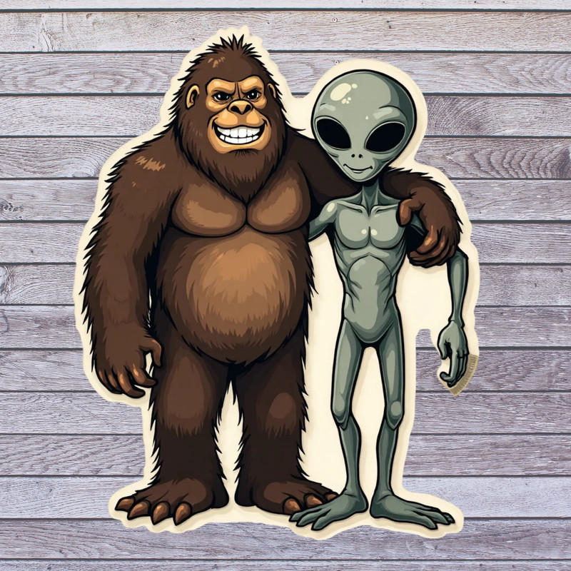 Bigfoot sticker vinyl decal cartoon sasquatch alien best friends cryptid hugging
