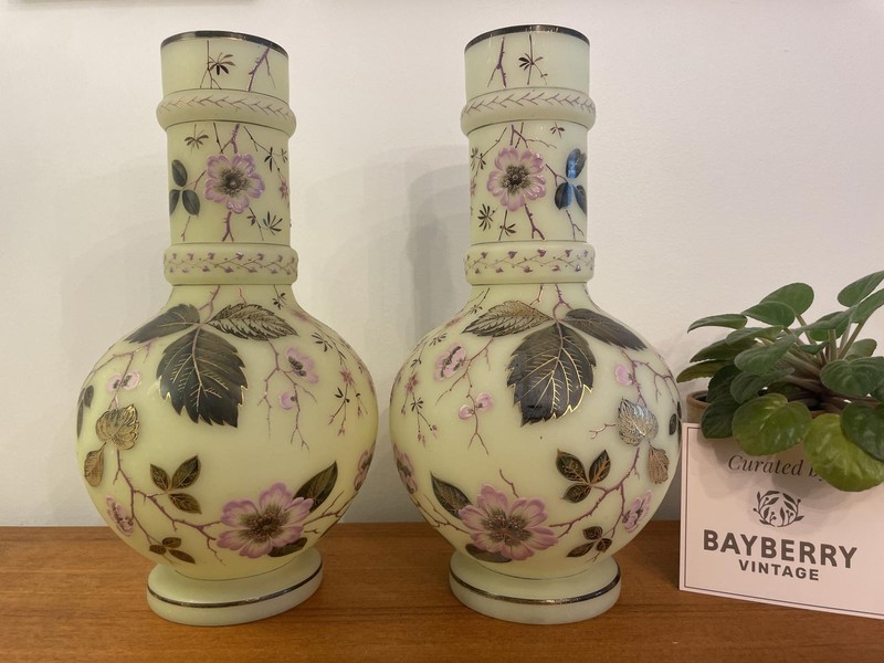 Pair Antique Uranium Glass Vases 39cm Satin Enamel Florals Att. Poschinger UV