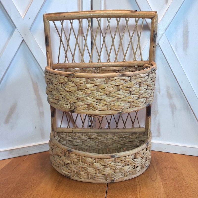 Vintage 2-Tier Shelf Hanging Half Round Boho Basket Rattan Wicker Woven Wall