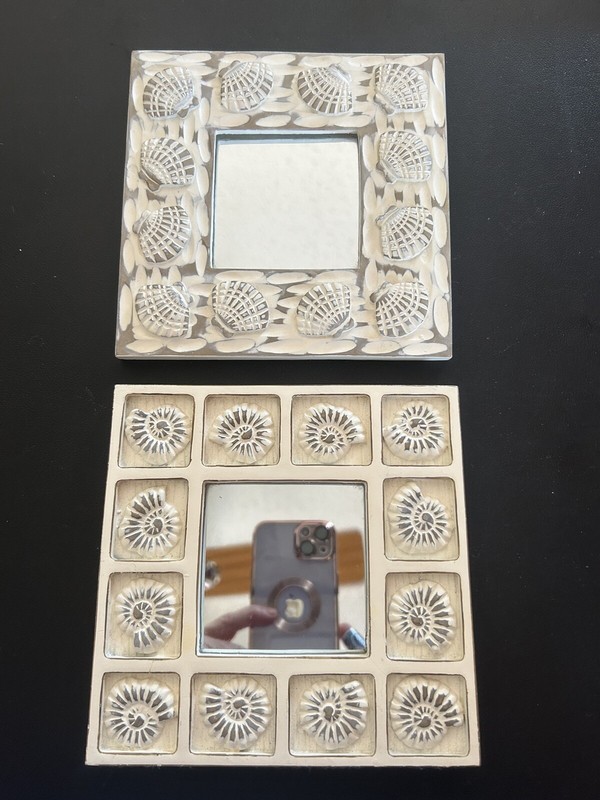 Set Of 2 Vintage Shell Mirrors- 2 Different Designs- Each One Is 6”x6” Birthday
