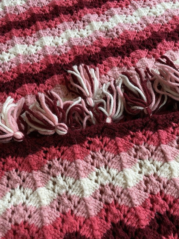 Vtg Handmade Crochet Afghan Throw Blanket Burgundy Pink 54x63 Zig Zag Cottage gallery