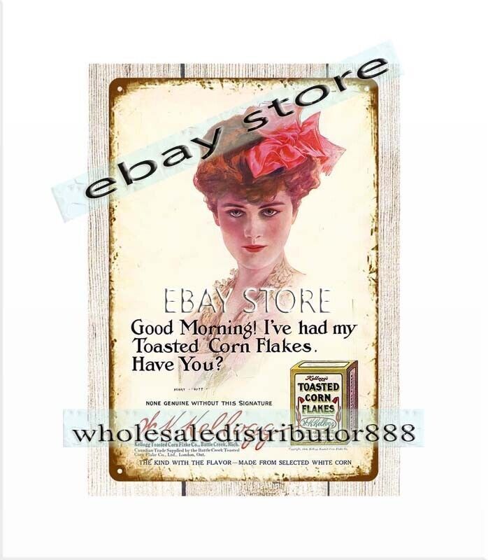 1910s Kellogg’s Toasted Corn Flakes cereal breakfast metal tin sign room decor