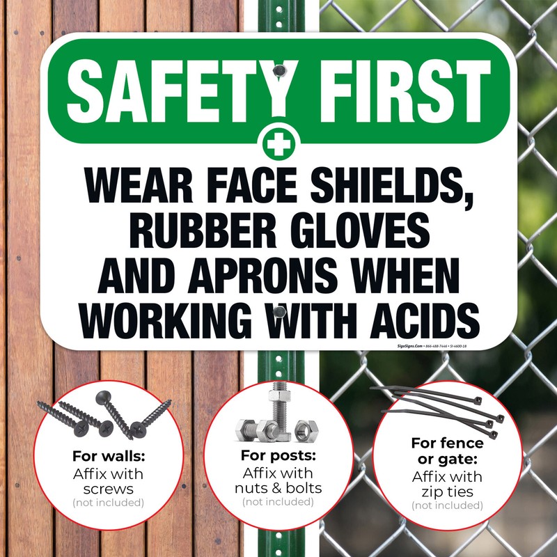Wear Face Shields, Rubber Gloves And Aprons Sign, OSHA Safety First Sign, gallery