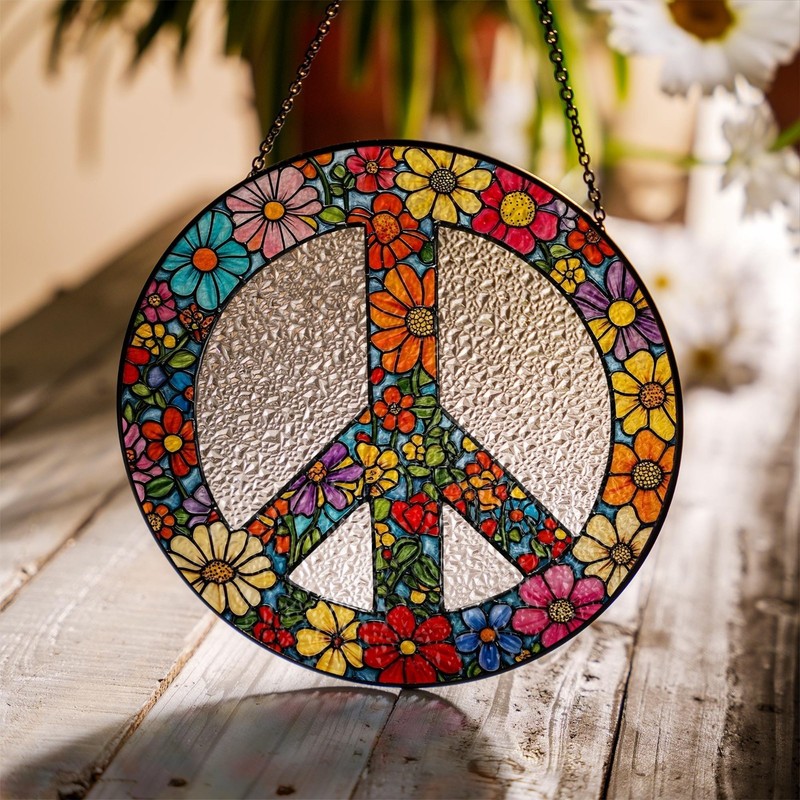 Floral Peace Sign Suncatcher: Boho Retro Window Art