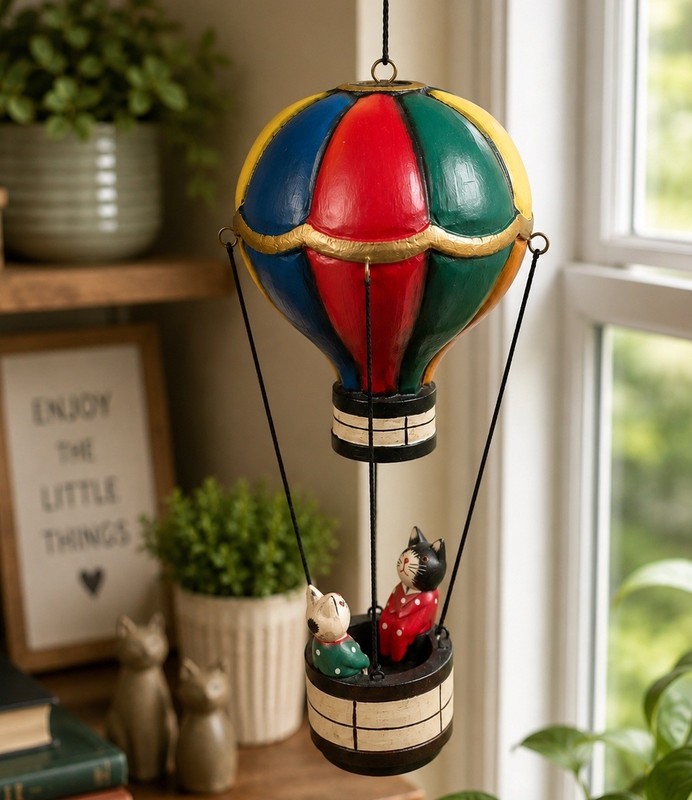 Vintage Hanging Hot Air Balloon Cats In Basket Folk Art Wooden Decor 11″