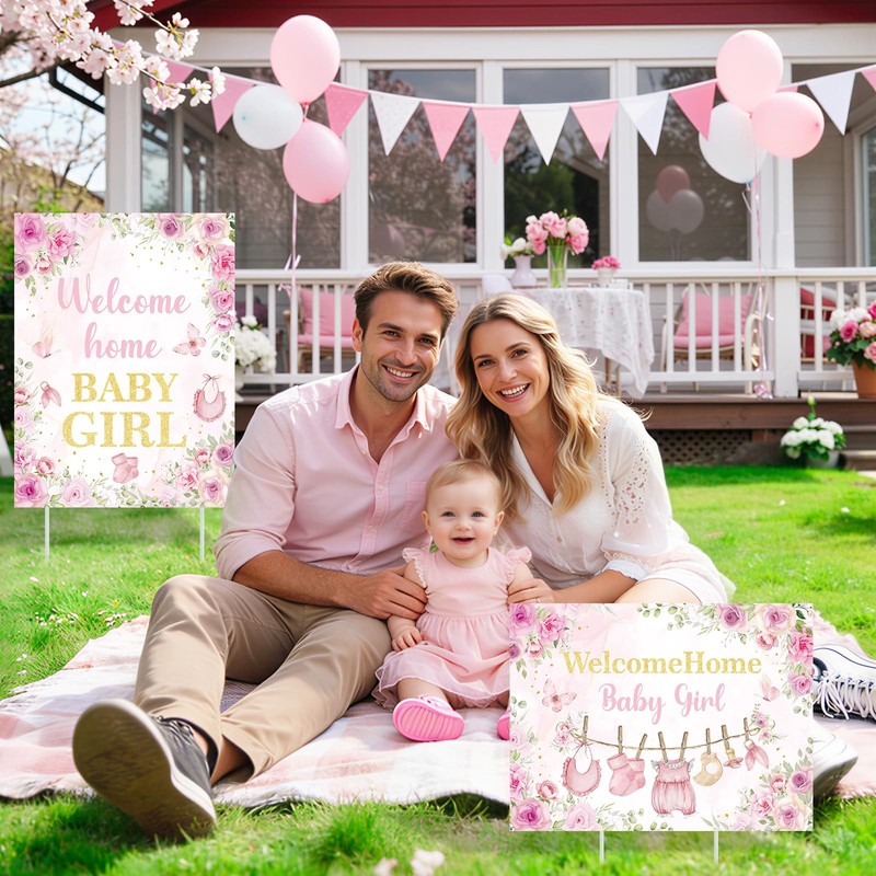 2Pcs Welcome Home Baby Girl Yard Sign Decorations, Pink Floral Baby Shower Ya... gallery