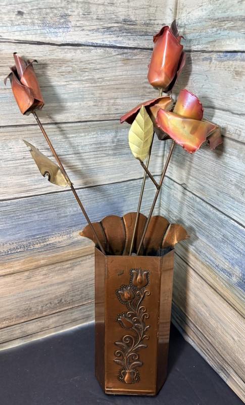 Vintage Brass Roses & Copper Tone Embossed Metal Wall Pocket