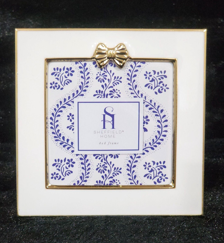 White Enamel Square Shape w Gold Metallic Coquette Bow Photo Frame 5×5 Sheffield