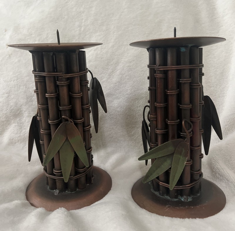 Candle Holder Pillars Bamboo Tropical Patina Copper Tone Metal 6.25” Tall Pair