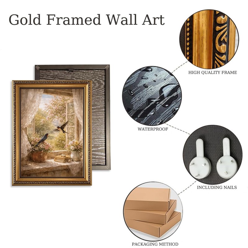 Gold Framed Wall Art Vintage Swallow Canvas Wall Art Birds Window View Print ... gallery