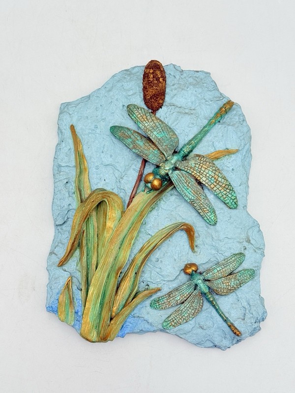 Textured Dragonfly & Cattails Wall Art Plaque – Shabby Chic Lake House Décor