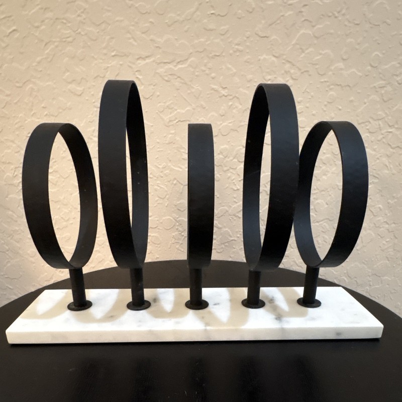 Abstract Modern Black Metal Ring Sculpture on White Marble Base, Free Standing