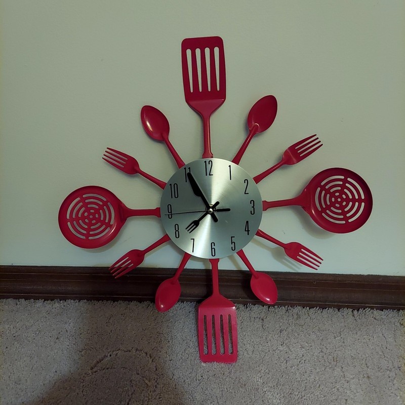Retro Styled Red Metal Kitchen Utensils Clock - Silver Face Black 1 to 12 gallery