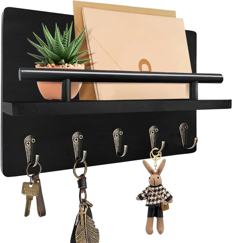 Wall Mount Key Holder With Shelf 5 Hooks Entryway Organizer For Mail Leash Glass