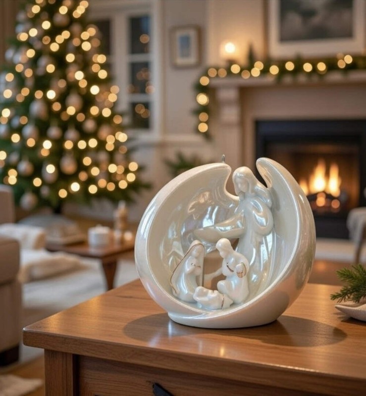 Ceramic Christmas Decor Guardian Angel With Holy Family Ornament, Home Décor, Re