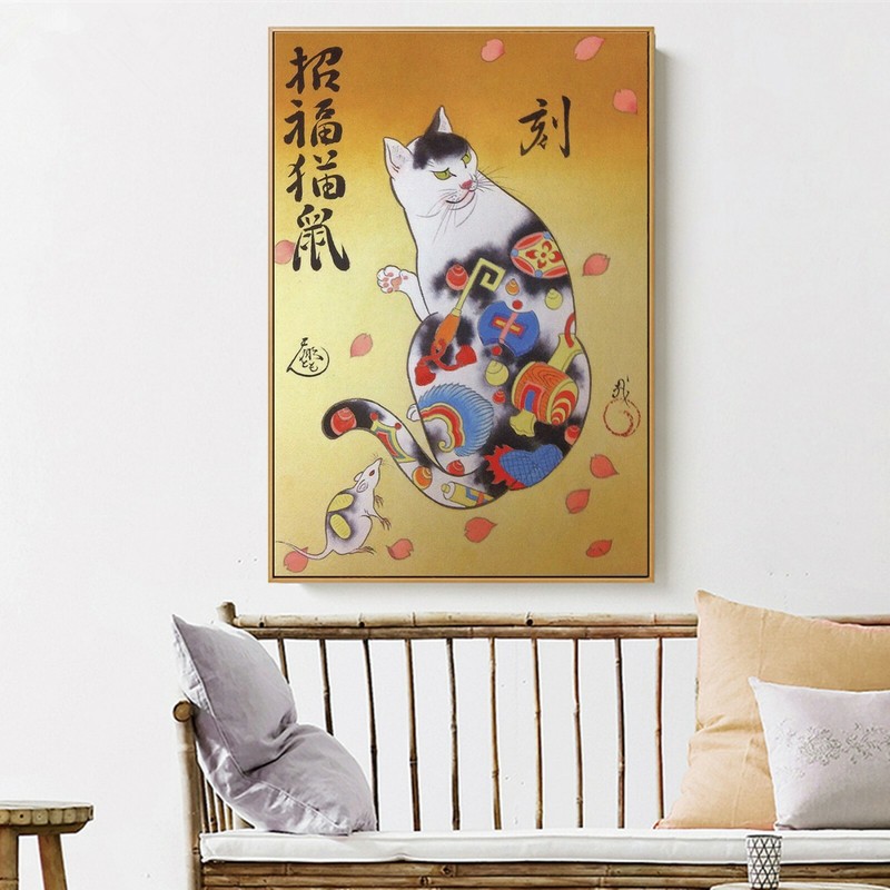 Art Silk Canvas Ukiyoe Tattoo Cat Japan Paint Poster Asian Decor Unframed S672