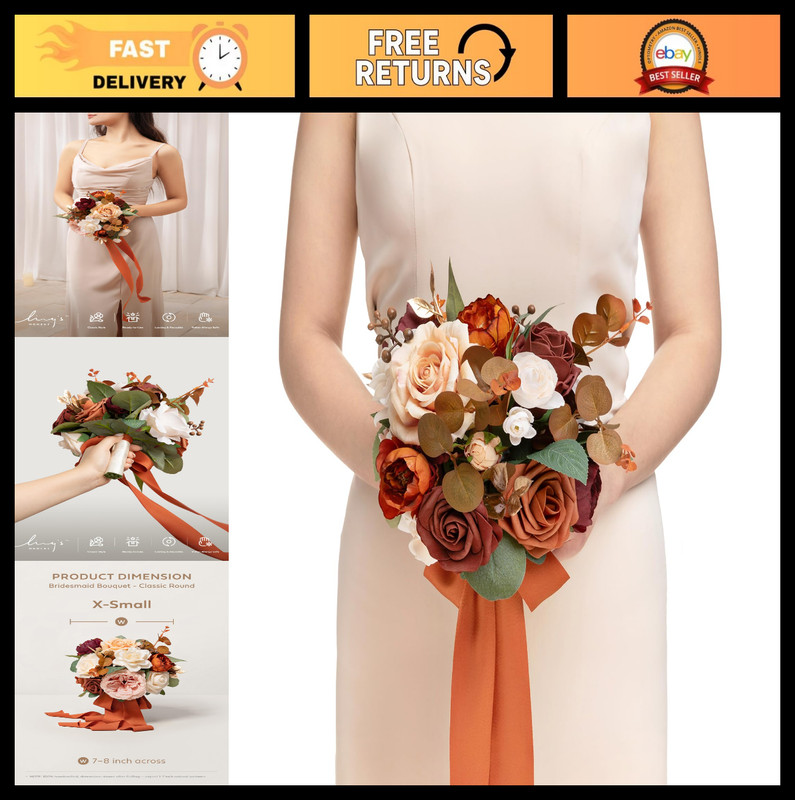 Terracotta Artificial Wedding Flower Bouquets – Burnt Orange Rustic Bridal Bouqu