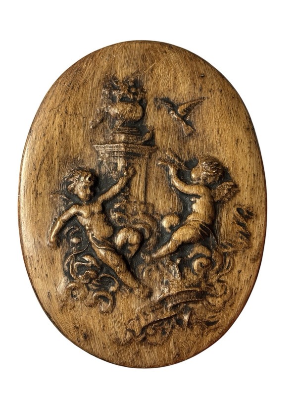 Cherub Putti Plaster Relief Plaque Vintage Oval Wall Hanging