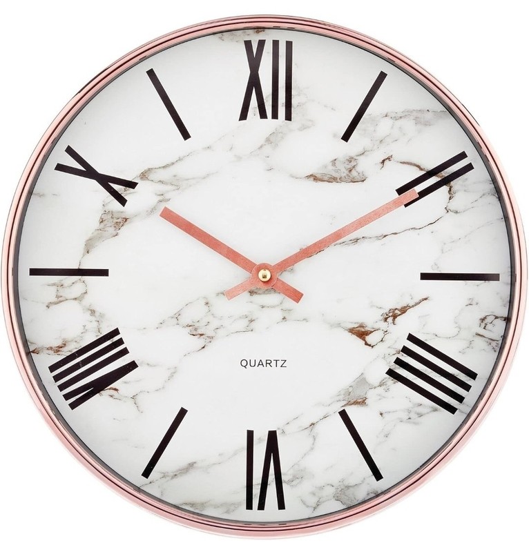 Rose Gold and White Marble Design, Silent Non-Ticking 12 Inch Wall Clock, Modern