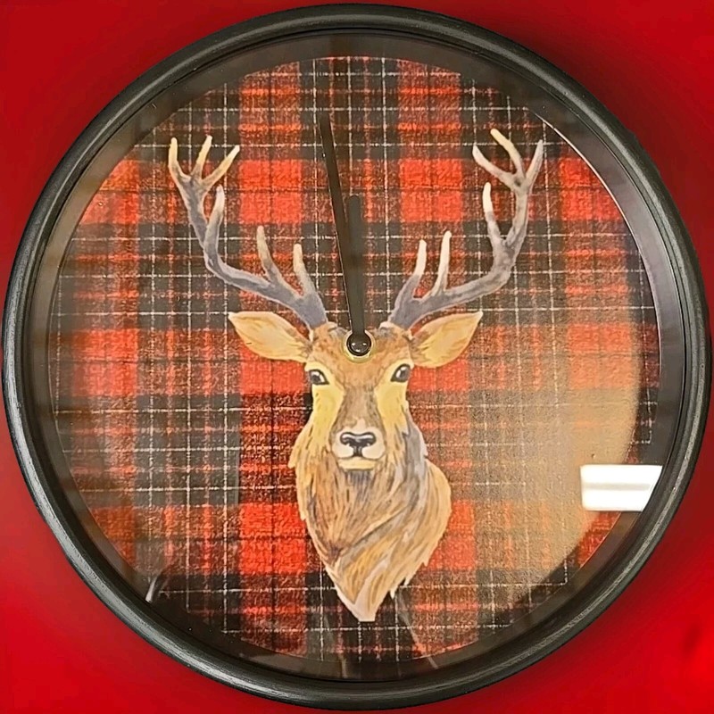 Red and Black Plaid Stag Buck 10-1/4 In Wall Clock W/O Numbers NIB Mancave Decor
