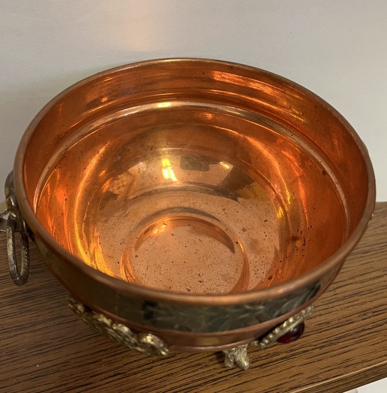 Small footed copper and brass ritual offering bowl Buddhist 3" tall flaw gallery