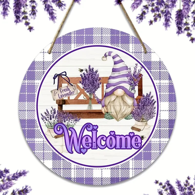 Lavender Spring Summer Gnome Door Sign Welcome Purple and Flowers Round